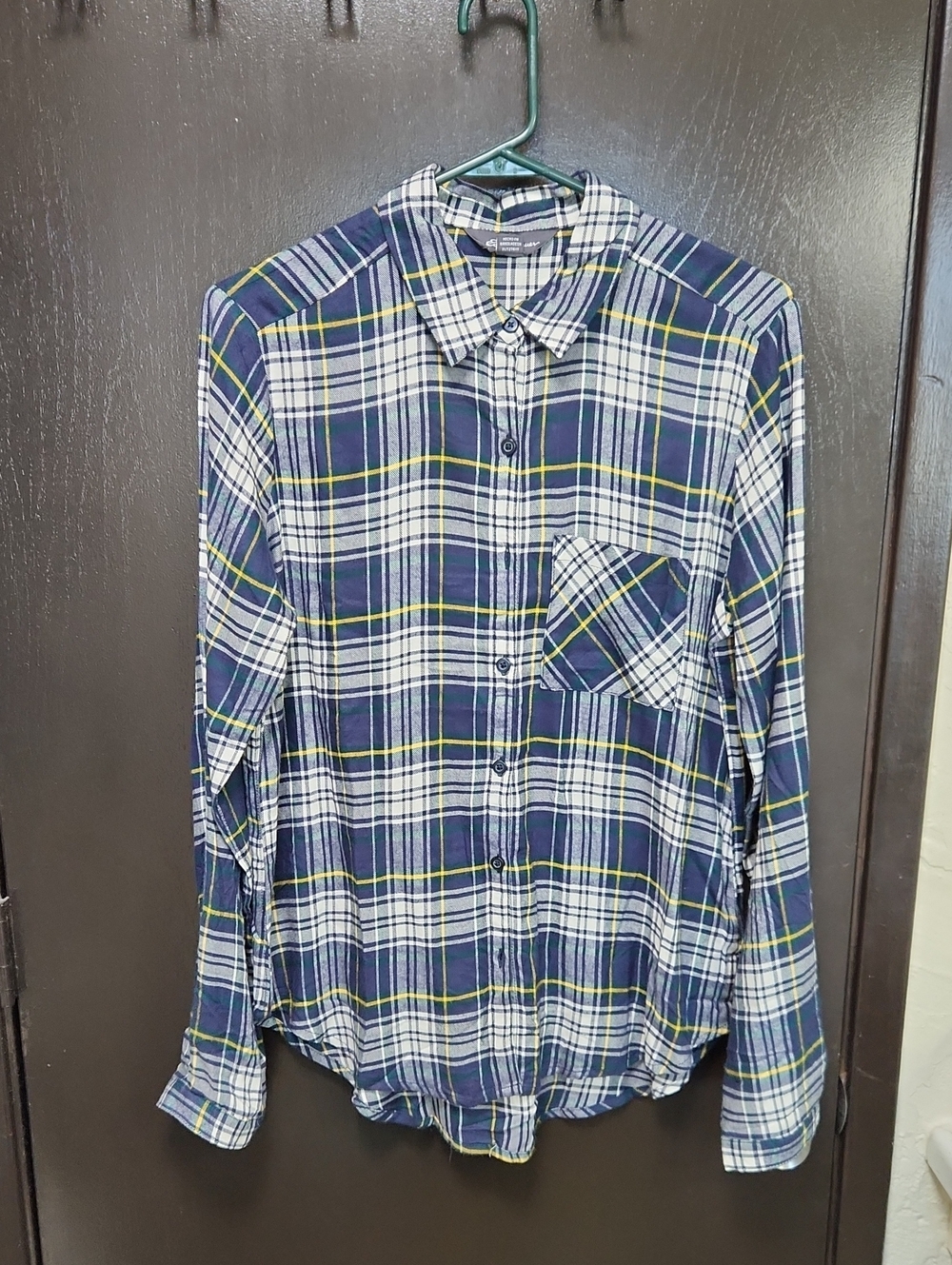 Eddie Bauer Navy Plaid Button-Down Shirt with Yellow Stripes